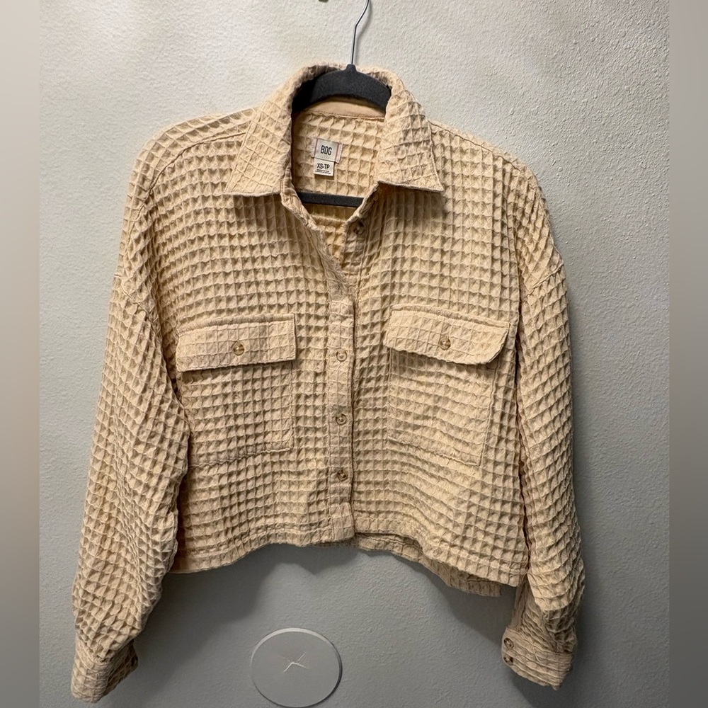 BDG Beige Waffle-Knit Cropped Button Jacket